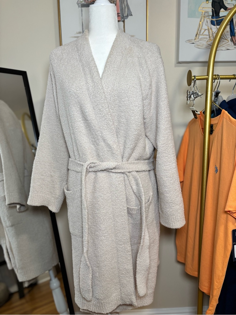 Barefoot Dreams CozyChic Taupe Belted Long Robe with Pockets